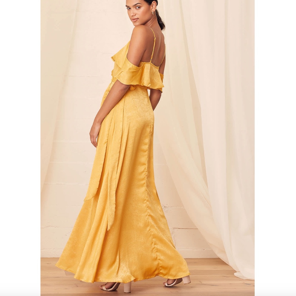 Lulus Moriah Mustard Yellow Satin Wrap Maxi Dress